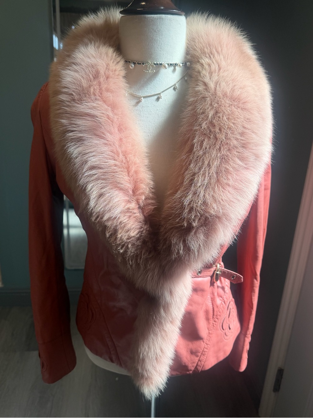Vintage Pink Lambskin Leather Jacket w/ Fox Fur Collar XS